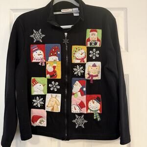 VTG Ugly Christmas Sweater Jacket Sz M Black Santa Snowman Full Zip Holiday EUC